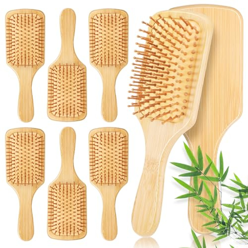 Kifmurase 6Pcs Bamboo Hair Brush with Natural Bamboo Bristles, Soft Bristle Cushion, Bulk Wooden Paddle Brush, Scalp Massage Hair Comb Round Teeth, Wood Brushs for Hair-Growth