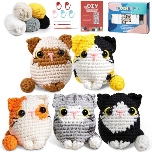 UXORSN Juego de ganchillo de animales para principiantes, 5 unidades, gatos y familia, juego de ganchillo para adultos, crochet de punto, juego de crochet para regalo, juego de punto con instrucciones