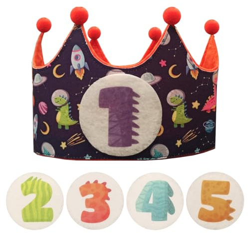 Anak Anak Corona Cumpleaños Infantil dinosaurio - Números intercambiables - Tejido suave reutilizable - Acompaña hasta 5 años - Ideal fiestas - Fotos primer cumpleaños