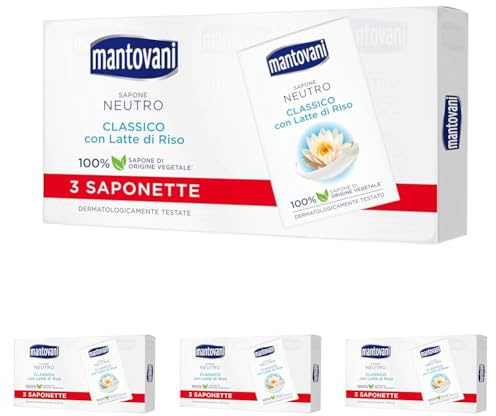 Mantovani - Sapone Neutro Solido, di Origine Vegetale con Latte di Riso, Dermatologicamente Testato, 3 x 90gr (Confezione da 4)