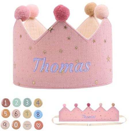 Lam Hub Fong Corona di Compleanno Personalizzata per Bambini - Cappello da Festa in Tessuto con Nome e Distintivi Numerici Regolabile Riutilizzabile per Feste e foto (Style 5)