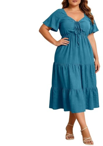 lozssnigzi Robe Grande Taille Femme Longue Fluide Chic Et Elegant Robe Magique Col V Taille Empire Décontractée, Robes A-Line Manche Courte été pour Femmes Rondes