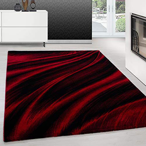 Teppium Moderner Kurzflor Teppich Läufer Flur 80 x 300 cm Rot - Flauschiger Teppich Waschbar, Abstrakt Wellen Design, Pflegeleicht, Weich - Ideal lals Bettvorleger im Schlafzimmer und Küchenläufer