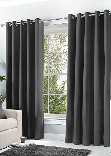 Hachette Thermal Blackout Curtains Eyelet Ring Top Including Pair of Tiebacks (Charcoal Grey, 46 x 54)