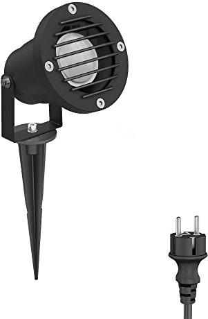 ledscom.de Proyector de jardín DUK, de rejilla, con toma de tierra para uso exterior, negro, IP65, incl. lámpara GU10 450lm, blanco cálido