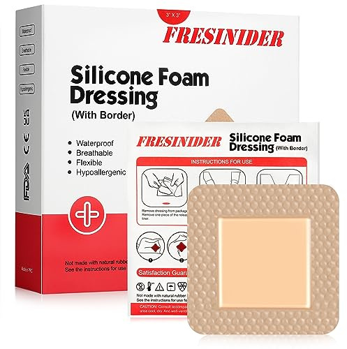 FRESINIDER Silicone Foam Dressing with Adhesive Border – Wound Dressing Bandage – Silicone Foam Pad – Pack of 10 – 3 x 3 Inches Large Waterproof Bandages – Self Adhesive Wound Care and Dressings