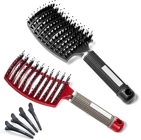 Lictin 2 Stück Haarbürste ohne Ziepen, Haarbürste für Damen, Herren & Kinder, Haarbürste Wildschweinborsten für Locken & Lange Haare, Natur Antistatisch Entwirrbürste mit 4PCS Haar Klammer,Schwarz+Rot