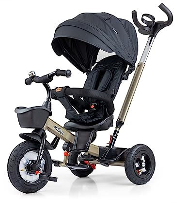 Milly Mally Dreirad Movi für Kinder im Alter 1-5 Jahren, bis 25 kg, bequemer, drehbarer Sitz 360 Grad, Steuerung mit einem Griff, abnehmbares Geländer, Sicherheitsgurte GRAU