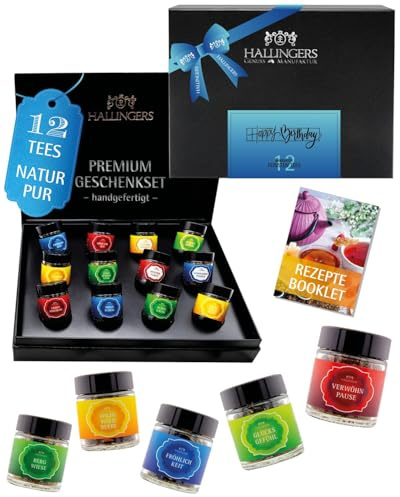 Hallingers Genuss Manufaktur Tee Geschenkset Geburtstag - 12 Sorten Premium loser Tee im Glas in edler Geschenkbox, vegan & glutenfrei, Tee Set Happy Birthday Probierset, Geburtstagsgeschenk Frauen