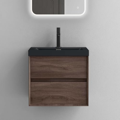 Mai & Mai Badmöbelset Badezimmermöbel Waschbeckenunterschrank 2 Schubladen mit Soft-Close inkl. Anthrazit Waschbecken aus Mineralguss Grau-braun 60 cm Rimo