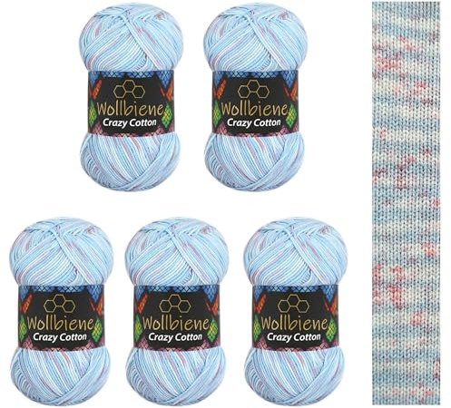 5 x 100 g ullbi galen bomull batik 500 gram med färggradient 55% bomull flerfärgad stickad ull virkad ull ull året runt ull (6070 ljusblå syréfärg)