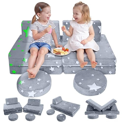MeMoreCool Canapé de jeu pour enfants, fauteuil modulaire pour coin douillet, chambre d'enfant, canapé-lit, ensemble de 8 pièces, en mousse, avec fonction de couchage pour filles et garçons, gris