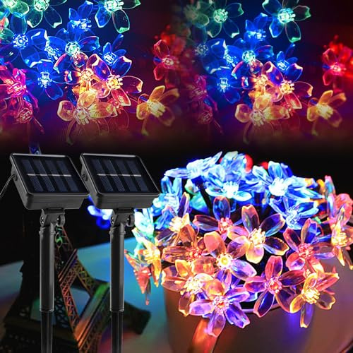 Lot de 2 guirlandes lumineuses solaires étanches - 9,5 m - 50 LED - Guirlande lumineuse d'extérieur - Guirlande solaire d'extérieur - Pour jardin, clôture, décoration, balcon, mariage