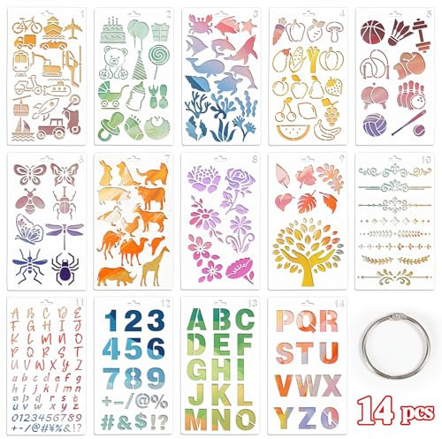 JSRQT 14 Stück Gemischte Malschablonen, Schablonen zum Basteln Wiederverwendbare Kunststoff Schablonen Vorlagen zum Malen Buchstaben Zahlen Bullet Art Journal Stencil für Scrapbook Geschenkkarten DIY