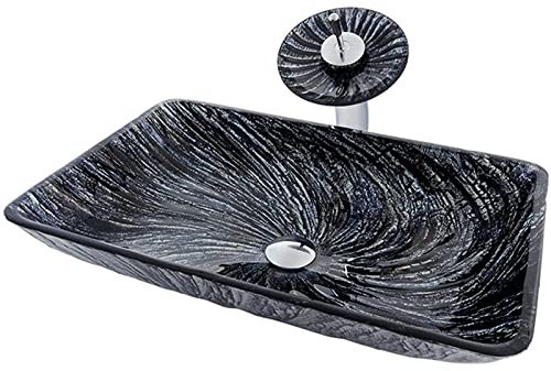 sjdoPulse Tempered Glass Washbasin, Art Tempered Glass Washbasin Washbasin Set, Countertop Sink with Chrome Faucet (A)