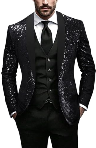 Minetom Blazer À Paillettes pour Homme Brillant Coupe Ajustée Un Bouton Veste De Costume pour Les Fête Mariage Affaires Disco Party Club A Noir XS