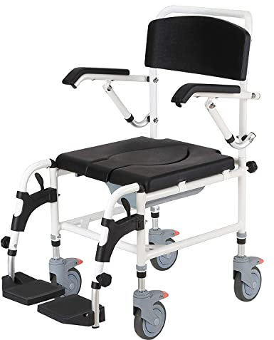 Chaise percée Chaise percée Douche Fauteuil Roulant au-Dessus des Toilettes avec 4 roulettes Bras de Levage Salle de Bain Dossier Robuste en Alliage d'aluminium Fauteuils roulants pour Patients Seau