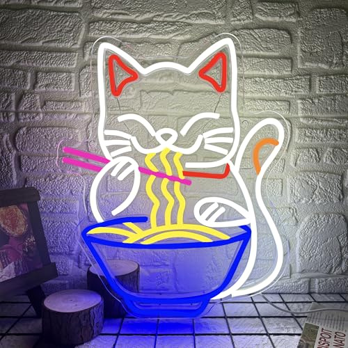Fortune Cat Ramen Neon Sign, Dimmable Japanese Lucky Cat Noodle LED Neon Sign for Wall Decor, USB Powered for Restaurant Bar Party Bedroom Birthday Gifts(15.7 * 12.7in)
