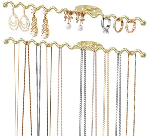 NiHome Wall Mounted Metal Jewelry Organizer Racks for Necklaces, Earrings, Bracelets, Rings, Decorative Display Wave Design Storage Holders for Bedroom, Bathroom, Kitchen, Entryway (2-Pack, Gold)