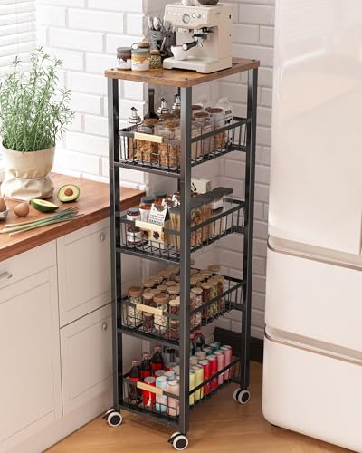 Ornestia Metall Aufbewahrungswagen, Küchenwagen mit 5 Ebenen, Sevierwagen mit Herausziehbaren Körben, Rollwagen für Küche,Bad,Büro, Schwarz