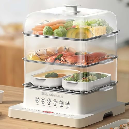 BESTXH Blanca, Vaporera De 800 W, Vaporera EléCtrica DoméStica Anti-Quemaduras En Seco, Vaporera De 3 Capas/40 L, Pantalla TáCtil, ProgramacióN De 12 Horas Y 6 Modos De CoccióN