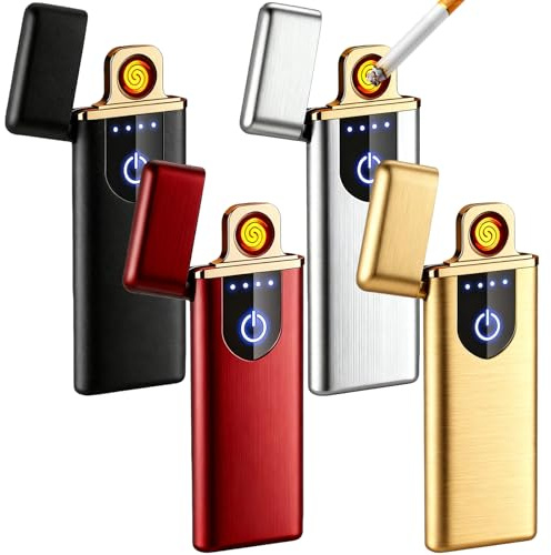 4 mecheros electrónicos recargables con USB, sin llama, resistente al viento, espiral de arco con sensor LED de huellas dactilares para velas