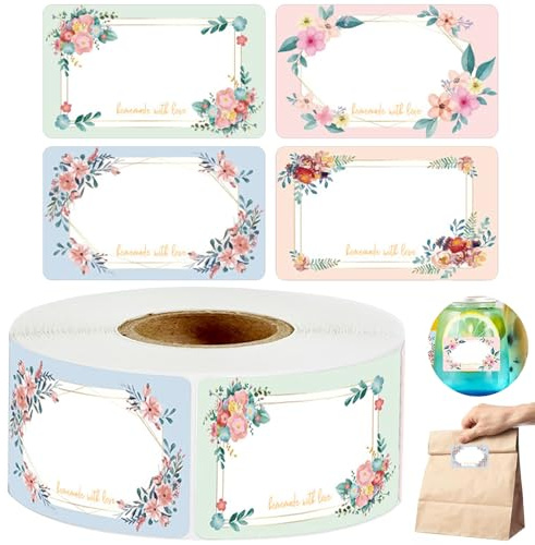 YAOWYG 500 étiquettes autocollantes à 4 motifs floraux 50x30mm. Pour bocaux, confitures, épices, cadeaux. Résistantes à l'eau, faciles à écrire, amovibles sans trace. Parfaites pour cuisine.