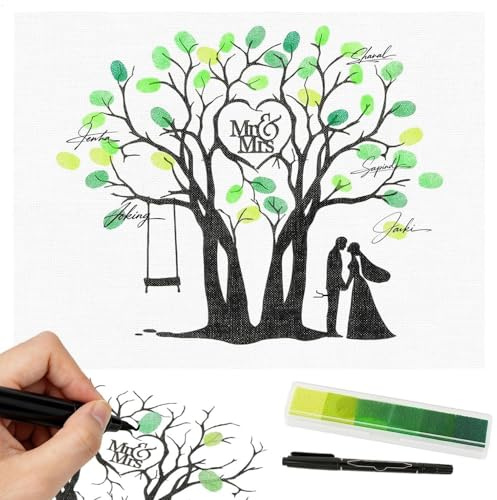 Libro Firmas Boda Arbol Huellas Creativo Libro de Firmas 30*40cm con Huellas Dactilares con Tampón Verde Degradado y Bolígrafo Sustituye el Típico Libreta de Visitas Recuerdo Nupcial Personalizado Diy
