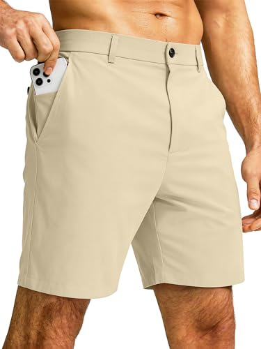JEMLDL Mens Khaki Shorts 7 Inch Casual Golf Shorts Bermudas para Hombres Lightweight Water Resistant Fishing Shorts with 6 Pockets Light Khaki L
