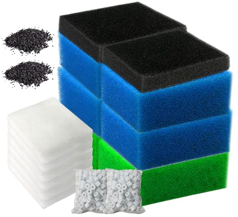 PORFOYO Spugna filtrante per acquario, set di supporti filtranti, compatibile con Juwel Bioflow 3,0 m, 2 blu grosso, 2 blu fine, 2 verdi, 2 filtri a carbone, 2 anelli in ceramica, 6 filtro, 2 sponge
