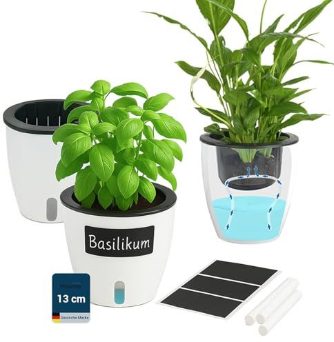 Maximex Selbstbewässernde Pflanztöpfe, 15-teiliges Set, Kräutertöpfe mit Wasserreservoir, automatische Bewässerung für Zimmerpflanzen, Ø 13 x 13,5 cm, Kunststoff