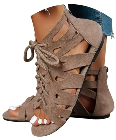 Gladiatorsandaler för kvinnor retro kilklack rund tå ihålig romersk gladiatorsandaler öppen romersk sandal med dragkedja platta tofflor snörning sommar öppen tå strand låg klack strappy kil