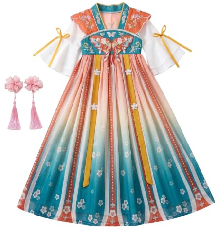 Obelunrp Traditionell kinesisk klänning för flickor, Mulan kostym med broderi och blommigt tryck, champagneblå, 110 cm/43,31 tum, mulan klänning för flickor, kinesisk för