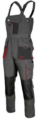 ART.MAS Classic Bib and Brace Dungaree Overalls, Pro Wear Workwear, S-3XL Size - Multipockets, Pocket For Knee Pads, Durable Triple Stitched Seams, 2 colors (38/40-56EU, Grey-Red)