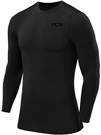TCA Men Long Sleeve Compression Shirt, Athletic Workout Sports Undershirt Base Layer Top - Black Stealth, L