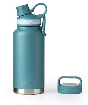 GrandTies Sport-Trinkflasche aus Edelstahl mit 2 Deckeln, 946 ml, wiederverwendbar, vakuumisoliert, Reise-Metallkantine, kälteste Wasserflasche für Männer und Frauen (Atlantis Blue)