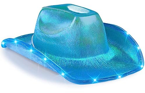 LEEMASING Cappello da cowboy unisex, con bordo LED lampeggiante, divertente e luminoso, per matrimoni, balli, feste di compleanno, Halloween, Natale, cosplay (blu), M