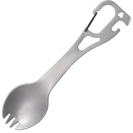 5 in 1 Edelstahl Göffel Camping Kochgeschirr Set Gabel Löffel Combo mit Dosenöffner Schlüsselanhänger Flaschenöffner Geeignet für Outdoor Picknick Wandern Angeln Reisen