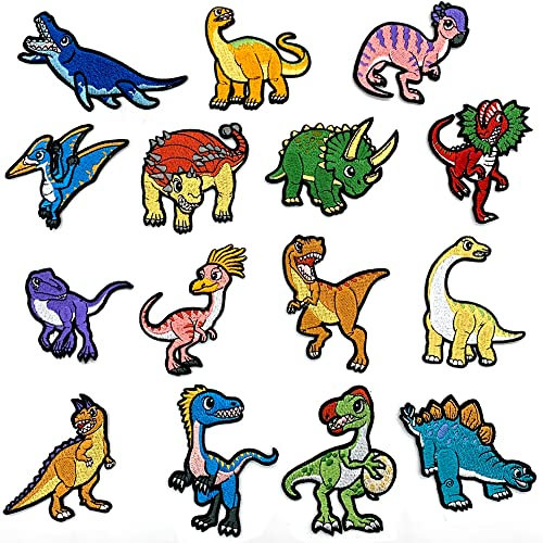 DHER Iron-On Patches Aufbügler Flicken Aufbügeln Gemischt Bügelflicken 15 Stück Cartoon Dinosaurier Stickaufnäher, Dinosaurier Aufbügelaufnäher, trendige Kleidung Stickaufnäher, Jeans dekorative