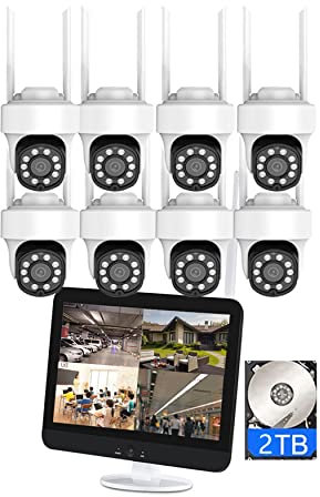 XNASU Sistema de Seguridad de cámara inalámbrica WiFi de 8 Canales con Monitor, Kit de NVR PTZ de 3 MP con Audio bidireccional, visión Nocturna en Color, Seguimiento automático, con Disco Duro 2T