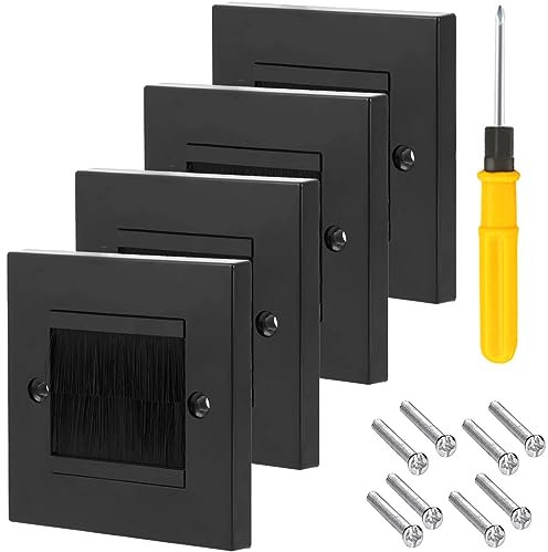 Acmerota Acmerota 86 Piastra da muro con spazzola Piastra frontale con piastra a spazzola a gruppo singolo per prese e fili riordinati, passaggio cavi, placca da muro nera con spazzola nera 4 pezzi