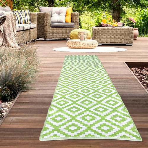 CARPETIA Outdoor Außen Teppich wetterfest Kunststoff Camping Vorzeltteppich Gartenteppich Balkonteppich Langer Läufer Rautenmuster grün-weiß 90 x 300 cm