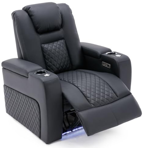 More4Homes BROADWAY HOME THEATER RECLINER SOFA | AIR LEATHER, POWER HEADREST, POWER RECLINER, AMBIENT LIGHTING, CUP HOLDERS CINEMA ARMCHAIR SOFA CHAIR (Black without Tray, 1 Seater)