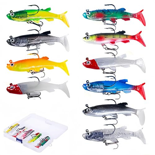 CAASFOOY 10 pezzi Esche da Pesca Artificiali Morbide Mare, Esche per Spigole, Trote e Pesci Carnivori, con Scatola di Plastica Trasparente