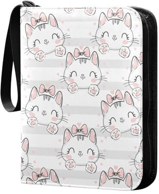 Niedliche Katze mit Schleife Sammelkartenalbum 4 Taschen Kartenordner 50 Seiten 400 Karten PU Reißverschluss Kartenbinder Aufbewahrungshalter für Sportspielkarte