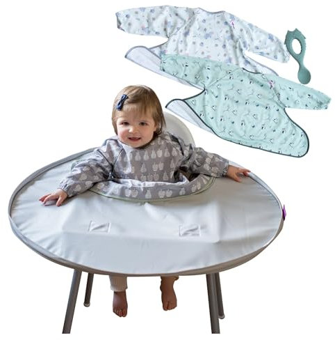 Tidy Tot Combo Babero Destete y Kit de Bandeja- Bandeja 3 baberos/capa con mangas. Plato Bebe con Ventosa, Cuchara de destete de silicona con mango de fácil agarre