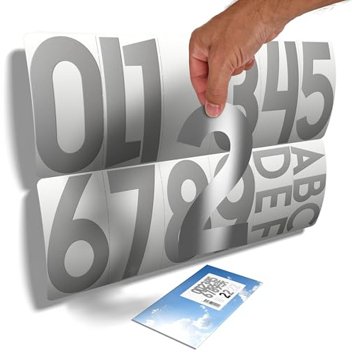 11 grandes números adhesivos (19 cm) y 6 letras, color plateado, todo uso en soporte liso, número de casa en puerta de vidrio/buzón o para cualquier otra numeración (taquilla, puerta, etc.)
