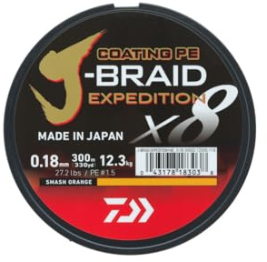 DAIWA J-Braid Expedition X8E, 0.15mm, 9.8kg/21.6lbs, 300m, Smash Orange, Braided Line, Fishing Line, 12550-116