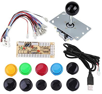 Joystick Kit, Zero Delay Game DIY Parts Kits, 10 Coloured Buttons + PC Games Black Joystick + USB Encoder