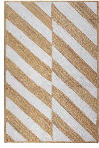 CASAVANI Hochwertiger natürlicher Jute-Teppich, Beige-Weiß, Kelim-Teppich, indisch, handgefertigt, Teppiche für Läufer, Wohnzimmer, Läufer, Küche, Flur, Läufer, Flächenteppich, 6,6 x 25,4 cm